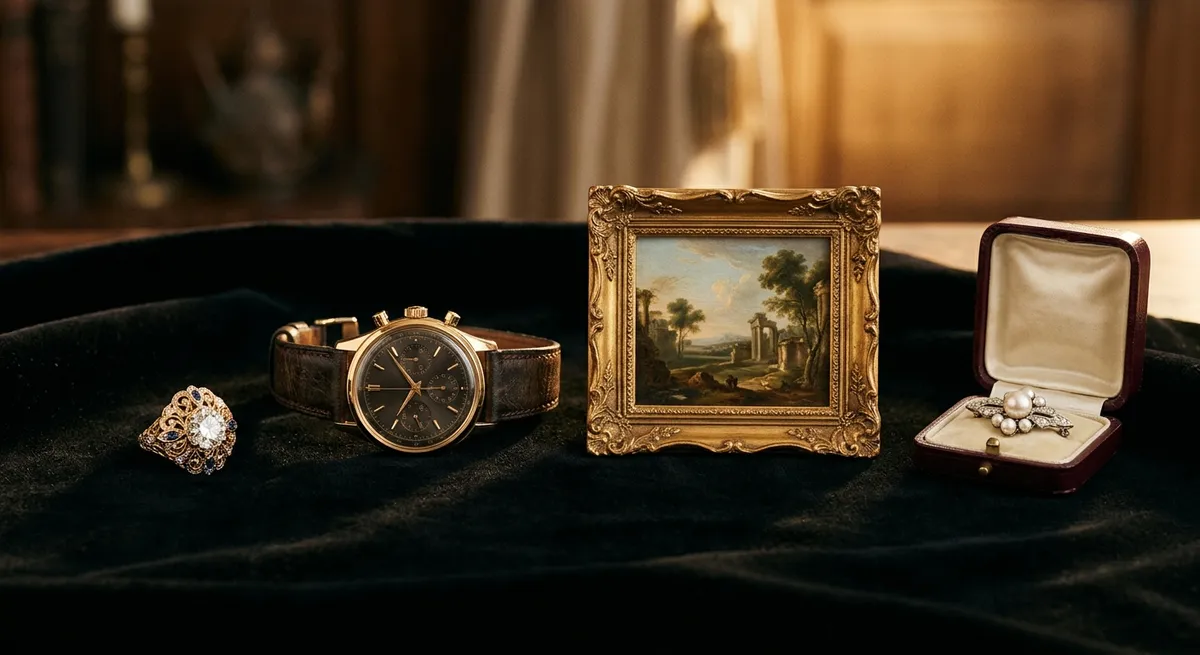 Bijou, montre de luxe et petit tableau encadré posés sur du velours sombre