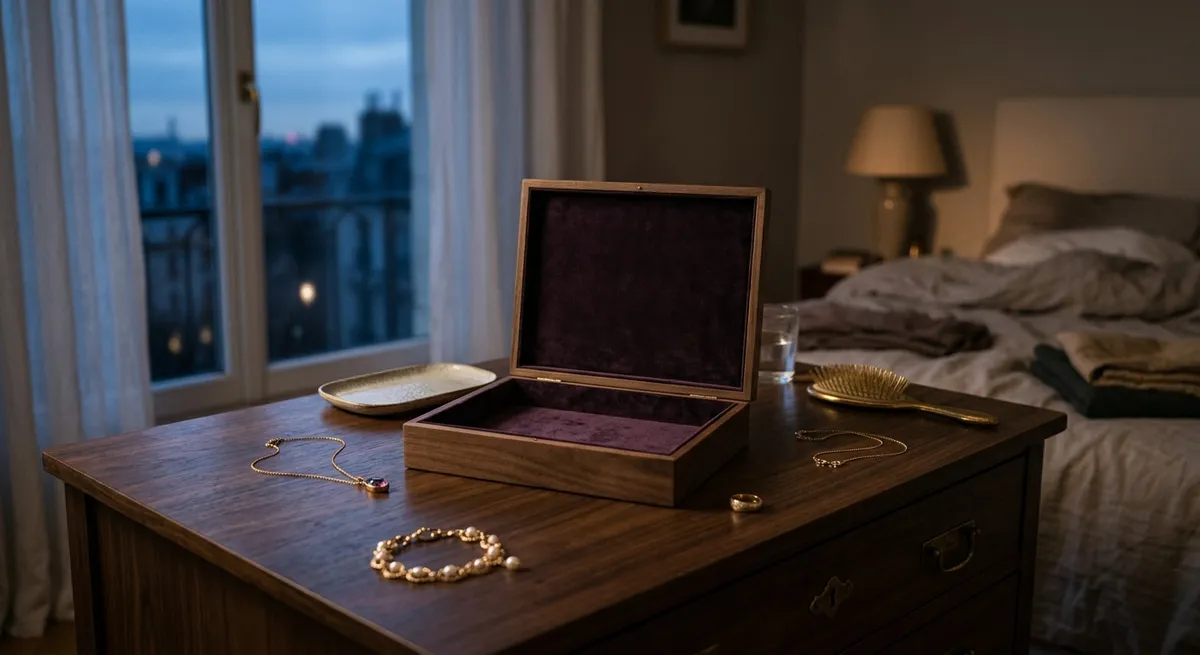 Écrin à bijoux vide sur une commode après un vol