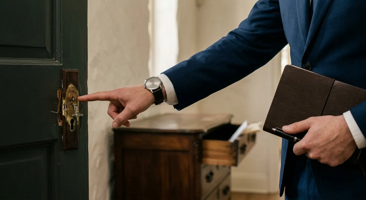 Expert d’assurance examinant les traces d’effraction dans un intérieur cambriolé