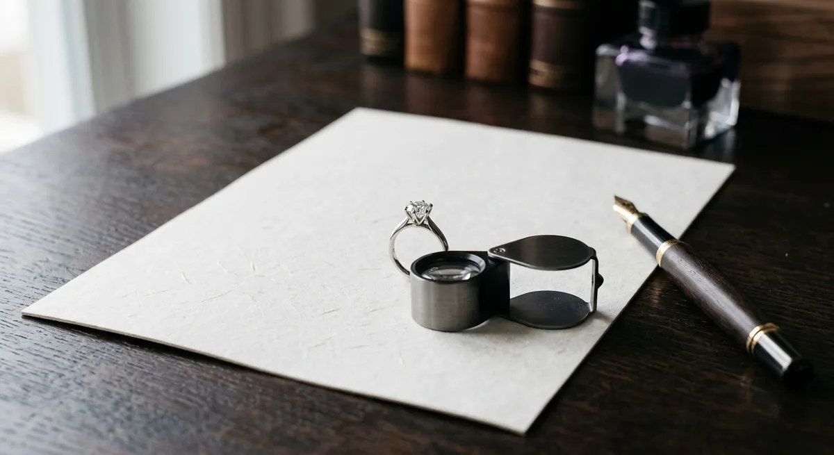 Contrat d’assurance, loupe de gemmologue et bijou de valeur sur un bureau