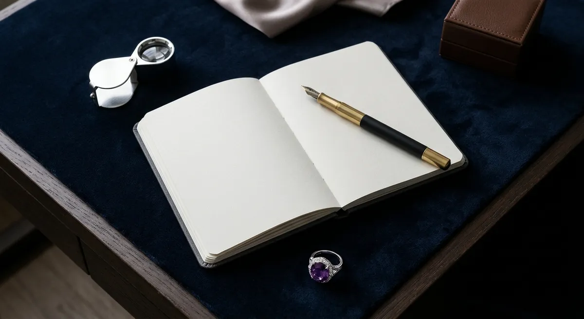 Carnet, loupe de gemmologue et bague posés sur du velours sombre