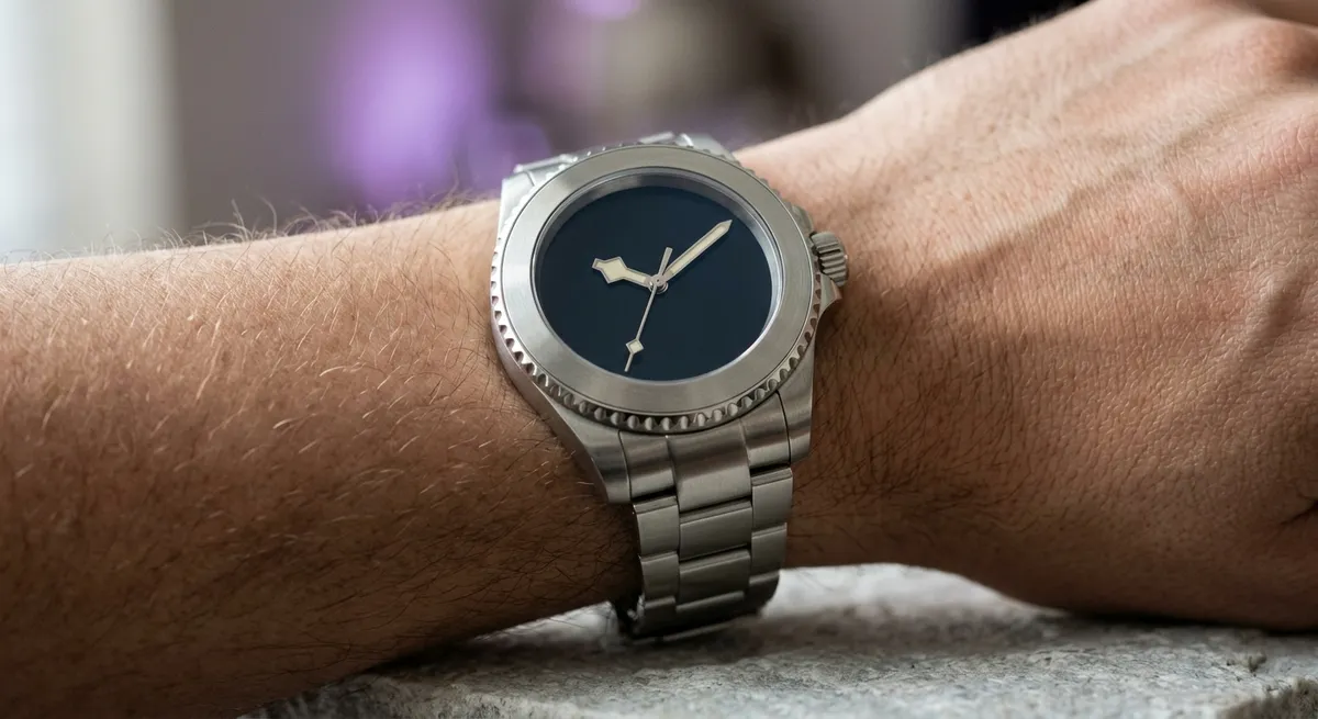 Montre de luxe en acier au poignet, gros plan sur fond épuré