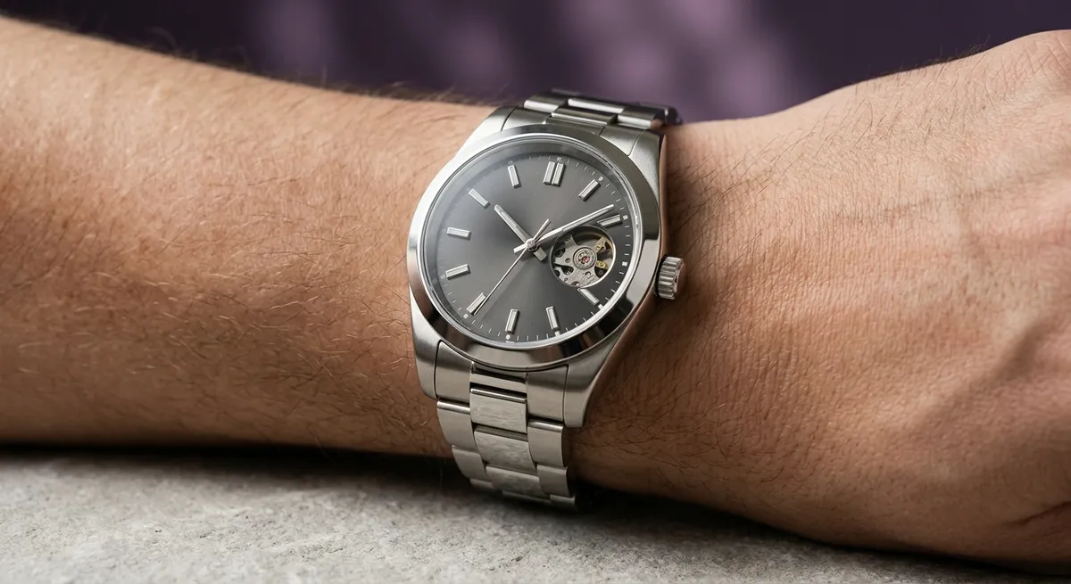 Montre de luxe en acier au poignet, gros plan sur fond épuré
