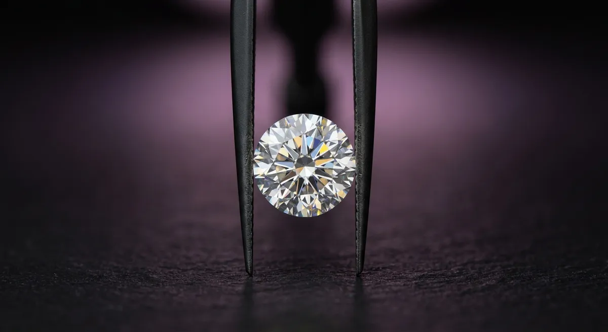 Diamant taille brillant tenu par une pince de sertisseur sur fond sombre