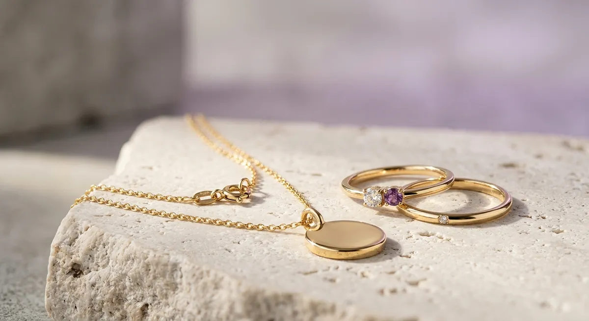 Collier en or et bagues serties sur une surface claire, gros plan