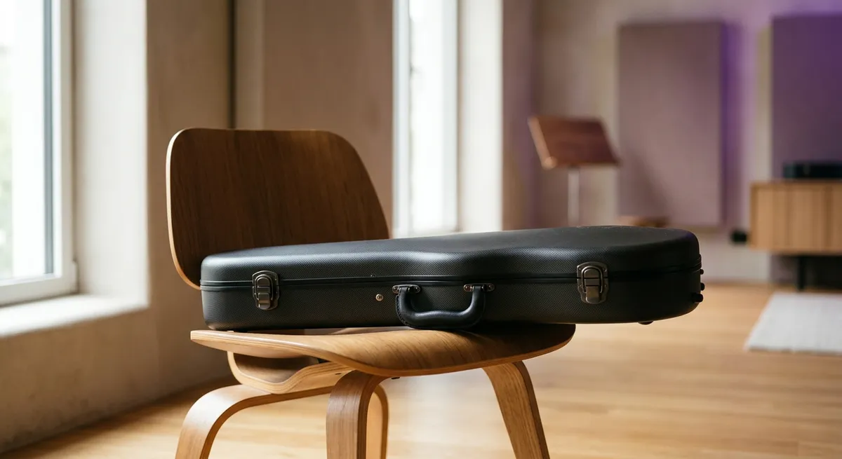 Étui de violon fermé posé sur une chaise dans une salle de répétition