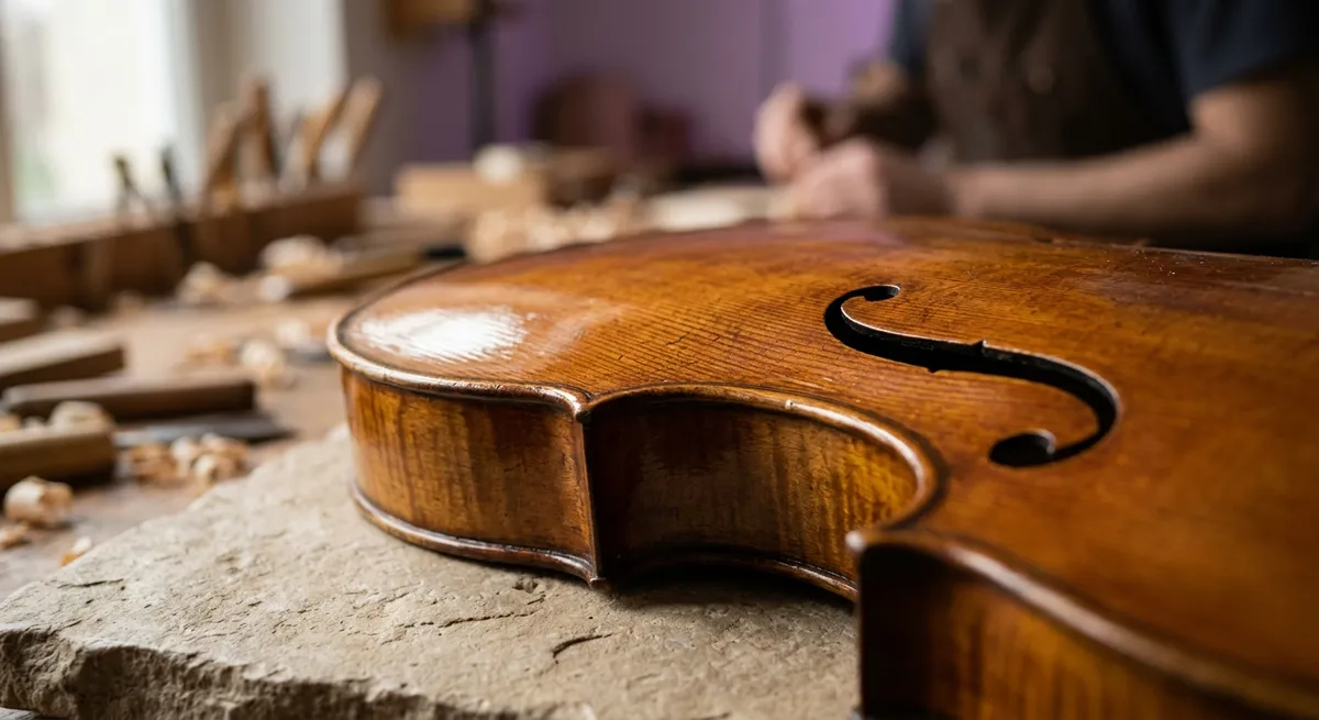 Table et ouïes d’un violoncelle en bois verni, gros plan chez un luthier