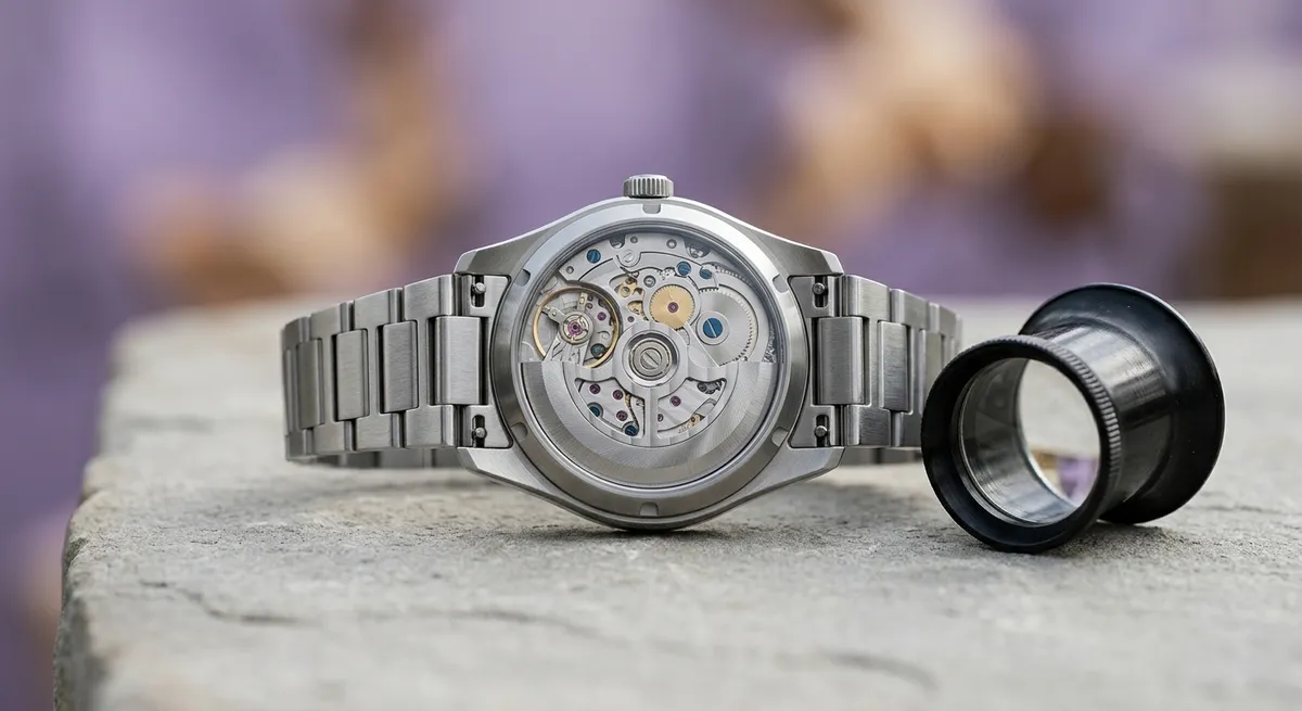 Montre de luxe posée à plat à côté d’une loupe d’horloger, gros plan