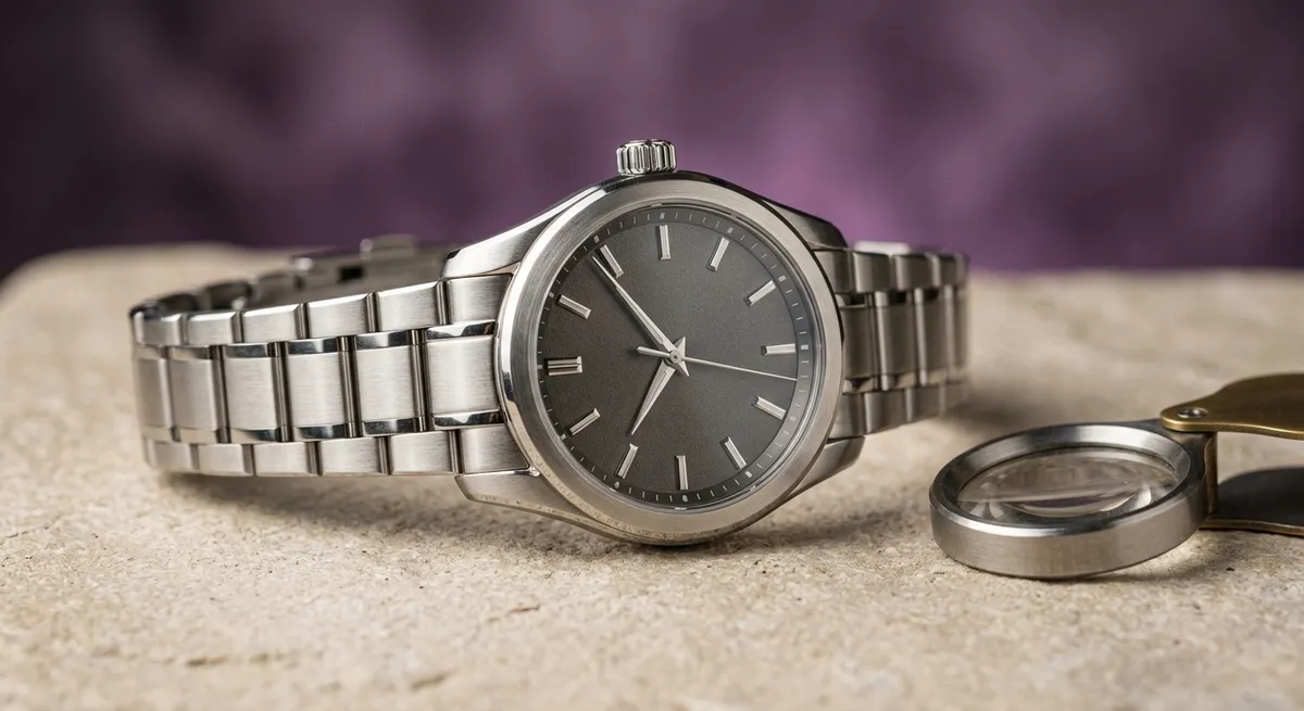Montre de luxe en acier posée à plat à côté d’une loupe d’horloger, gros plan