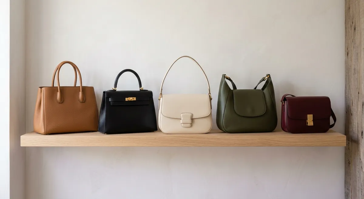 Sacs de luxe alignés sur une étagère murale minimaliste
