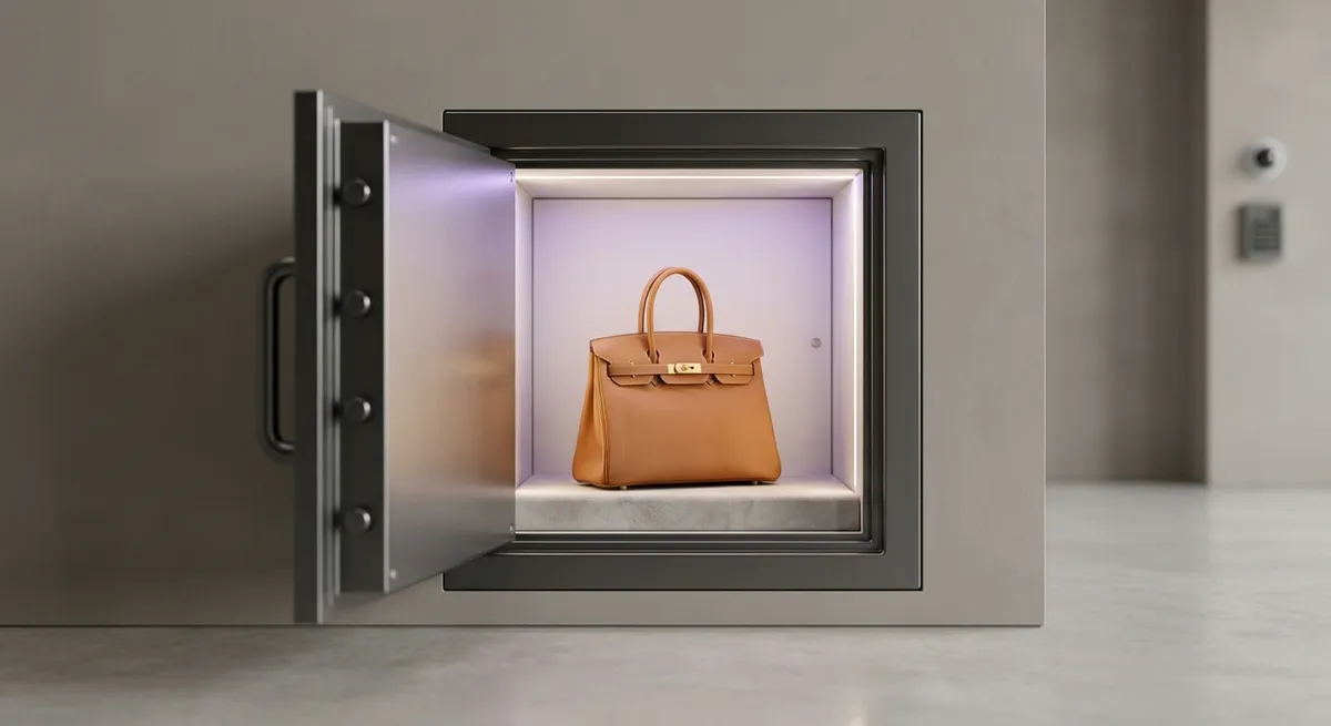 Sac de luxe rangé dans un coffre-fort au design sobre