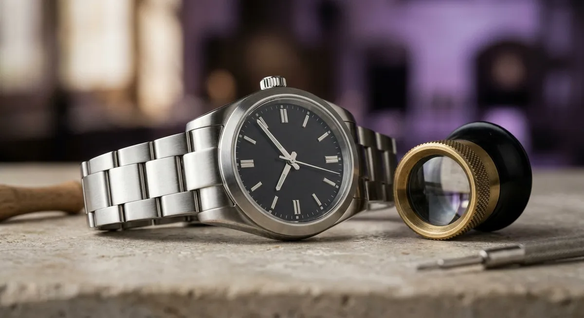 Montre de luxe en acier posée à plat à côté d’une loupe d’horloger, gros plan