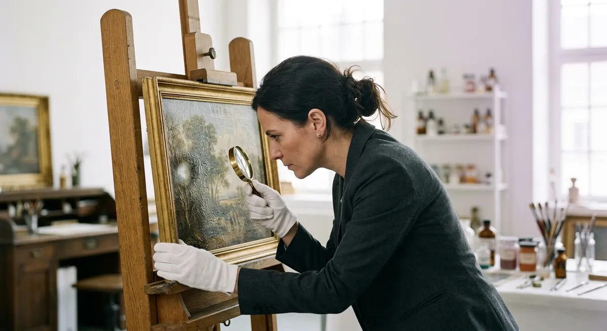 Expert d’art ganté examinant un tableau à la loupe sur un chevalet