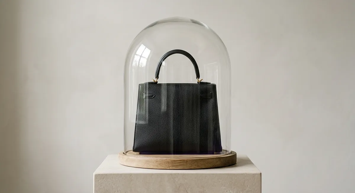 Sac de luxe iconique présenté sous une cloche de verre, éclairage muséal